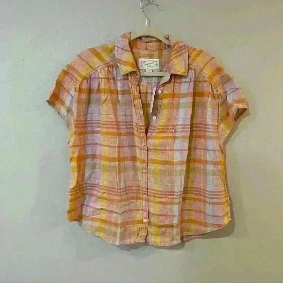 NWT American Eagle Plaid Short Sleeve Pink Orange Button Down Shirt Size X-Small - Picture 4 of 7